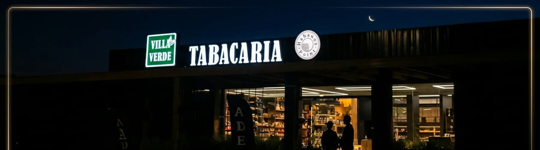Fachada da Villa Verde Tabacaria à noite, com letreiro em neon e selo Habanos Point